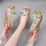 2020 Women Transparent Clear Crystal Sequins Platform Wedge Thick Sole Sandals High Heels Mules Slides Summer Beach