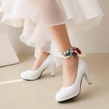 Plus Size Ladies Princess Mary Jane Shoes Slip On Casual Women OL Pumps Bowknot Flower Satin Band Party Wedding Dress Up