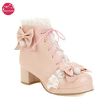 Chunky High Heel Lolita Shoes Butterfly-knot Cloth Plush Inner Women Cosplay Princess Ankle Boots Winter Autumn Pink White