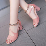 summer sexy fish mouth hollow Roman sandals thick with word with beaded high heels female summer Sexy female