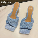 2022 New Summer Design Weave Square Toe Heels High Quality Slippers Gladiator Beach Womens Sandal Slides