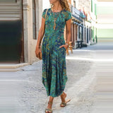 Summer Fashion O Neck Floral Print Pocket A-line Dress Casual Short Sleeves Patchwork Retro Slim Dresses Elegant