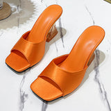 Breakj High Heel Slippers Female Summer Square Head Solid Color A Word Wear Fashion Versatile Ladies Large Size