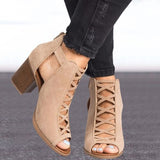 Breakj New Summer 2023 New Thick Heel High Heel Roman Fish Mouth Sandal Large Size Hollowed-Out Buckle