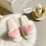 Breakj Slippers Women 2023 Winter New Korean Version Of Love Plush Warm Flat Cotton Slippers Home Slippers