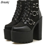 Spring Fashion Motorcycle Boots Women Platform Heels Casual Shoes Lacing Round Toe Shoes Ladies Autumn Boots Black