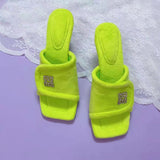 Slippers 2021 Winter Square Toe Velvet Slippers Thin Heels Chic Bling Rhinestone Slides Ladies Fashion Flip Flop