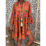 Fashion New V Neck Print Ruffle Dresses Casual Button Pacthwork Loose Mid Dresses Elegant Streetwear Party Female