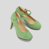 Women Super High Heel Suede Leather Dress Shoes Casual Platform Vintage Mary Janes Pumps Strap Buckle Thin Heels Large Plus