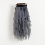 Tulle Skirts Women High Waist Mesh Skirt Hem Asymmetrical Pleated Midi Skirt Female Black Pink Summer Mid-calf