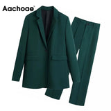 Spring Autumn Solid 2 Piece Set Women Single Button Elegant Office Blazer Suits Pleated Lady Long Pants Female