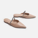 Leather Rhinestone Belt Sandals Woman Pointed Toe Slippers Flat Low Heels Mules Ladies Casual Slides Home&Outside