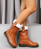 Women's Mid Calf Boots Winter Shoes Woman Warm Plush Lady PU Boots Sewing Slip On Comfort Female Footwear Fashion Two