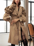 Temperament British Wind To Close The Waist Thin Long Coat 2025 Summer New Collar Splicing Lotle Leaf Side Design Wind Coat