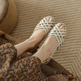 Breakj 2023 Rome Braided Sandals Women Retro Wind Flat Base Soft Bottom White Low-Heeled Hollow Fish Mouth