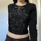 Y2K Grunge Fairycore Crop Tshirts Graphic Print Long Sleeves Slim Top Tee Crewneck Fashion Harajuku Cloth