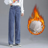 Jeans Women Warm Denim Trousers High Waist Casual Loose Female Denim Pants Thick Velvet Cotton Wide Leg Woman