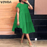 Summer Dress Plus Size Women VONDA 2022 Bohemian Sundress Casual Crew Neck Loose Cotton Ruffled Dresses Holiday Party