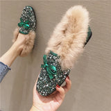 big size rabbit fur winter flat shoes woman silver/pink glitter fluffy flats crystal bowtie moccasins female fur loafers