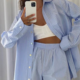 Stripe Shorts Set Loung Wear Tracksuit 2021 Summer Long Sleeve Shirt Tops And Loose High Waisted Mini Shorts Two Piece
