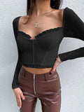Patchwork Cropped Tops Women Y2K Lace Skinny Square Collar Korean Fashion Corset Sexy Long Sleeve 2021 Autumn