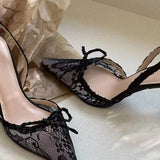 Breakj Niche Sexy Hottie Embroidered Lace Bag Sandals Fine Heel Small Square Net Red Bow High Heels