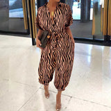 Leopard Print Jumpsuit Retro Summer Short Sleeve Lace-Up Playsuit Overalls Casual Button V-Neck Pocket Romper Bodysuit