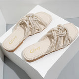 Slippers Personality Hemp Rope Upper Design Flat Sandals Women Casual Solid Color Square Toe Hollow Flat Heel Woman