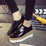 Spring Casual Solid Flat Women Shoes Patent Leather Lace-Up Loafers Flat Platforms British Style Ladies
