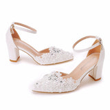 Breakj 7 Cm Thick Heel Sharp-Headed Hollow Sandals Spring Square Heeled Women's Shoes White Lace Bride High