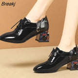Snake pattern patent leather shoes women flats pointed toe loafers lace up multicolor crystal chunky heels oxfords