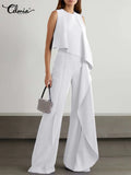 Celmia Holiday O-neck Jumpsuits Fashion Asymmetrical Summer Women Long Rompers Sleeveless Ruffles Casual Wide Leg Pant