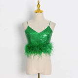 Sexy Solid Tank Tops For Women V Neck Sleeveless Patchwork Feathers Camis Female Summer Fashion Clothing Style