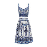 Print Two Piece Set Women's Square Collar Sleeveless Camis High Waist Midi Skirts Colorblock Sets Female