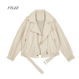2021 New Spring Women Pu Leather Motorcycle Jacket Female With Belt Solid Color Jackets Ladys Loose Casual