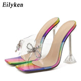 PVC Transparent Crystal Sun Flowers Buckle Womens Slippers Summer Square Toe Ladies Strange High Heels Sandals