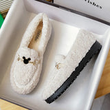 Winter White Wool Shoes Ladies Luxury Buckle Flats Women Plush Sheep Fur Loafers Thicken Fuzzy Moccasins Femme Cotton