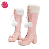 Lolita High Boots Winter Warm Fur Neck Girls Cosplay Party JK Princess Shoes Lace Up Bowtie Chunky Heel Side Zipper PU