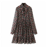 Women's Floral Dress Bow Tie Neck Vintage Pleated Dress See Through Sleeve Print Mini Dress Casual Sundress