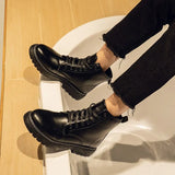 New Black Boots Men's Korean Version Student All-match Mid-Top Boots Men's Waterproof Hight-Top Leather Shoes