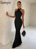 Long Dress For Women Sexy Party Club Clothing Wrap Sleeveless Halter Backless Satin Dress 2021 Winter Green Bodycon