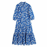 Women Flower Printing Ruffled Hem Midi Shirt Dress Female Lantern Sleeve Clothes Casual Lady Loose Vestido