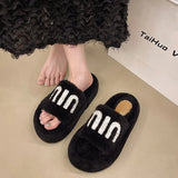 Celebrity Muffin Thick Bottom Letter Wool Slippers Women Wear 2024 Winter New Style Lamb Wool Cotton