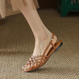 Women's Sandals 2023 Summer Shoes Pu Leather Narrow Straps Gladiator Beach Sandals Hollow Peep Toe Casual Flat