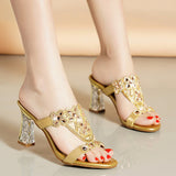 New High-Heeled Sandals Are Sexy And Fashionable In Gold In Summer, Wearing Thick Heels And Diamond-Encrusted Slippers In Middle