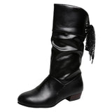 Breakj Autumn And Winter Large-Size Knight Boots Low And Round Head After The Tie With Warm Mid-Sleet Boots
