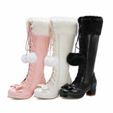 Lolita High Boots Winter Warm Fur Neck Girls Cosplay Party JK Princess Shoes Lace Up Bowtie Chunky Heel Side Zipper PU