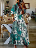 Women Elegant Commuter Lapel Puff Sleeve Long Dress Chic Floral Print Pocket Tie High Waist Dress Summer Office Elegant