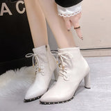 Breakj Women's Shoes Rivevet Tip With High Heel Ankle Boots Thick Heel Leather Boots Fashion Women's