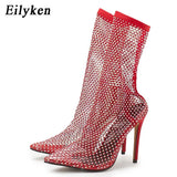 New Design Crystal Rhinestone Mesh Stretch Fabric Sock Boots Fashion PVC Transparent Pointed Toe Shoes Sexy High